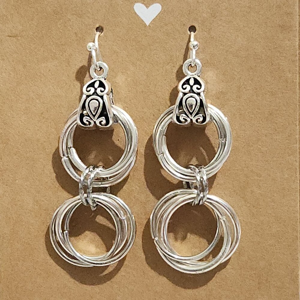 Handmade - Elegant Mobius Spiral Chainmail Earrings in Bright Tibetan Silver